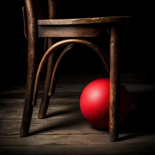 A red ball underneath a wooden chair