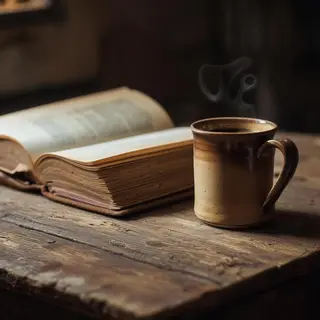 A coffee mug next to an open book on a desk