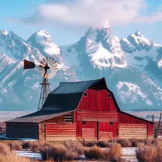 A landscape with a red barn in the foreground at large scale
