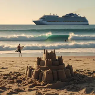 A beach scene with a sandcastle in the foreground, a surfer 