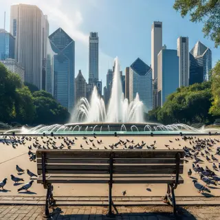 A city park with a park bench and pigeons in the foreground,