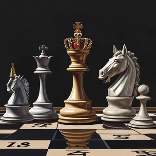 Five chess pieces on a board: a king in the center, a queen 