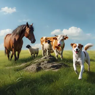 Five animals in a field: a horse on the far left, a cow to t