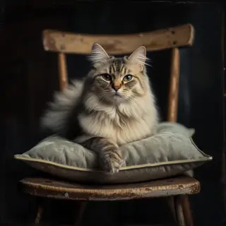 A cat sitting on a pillow, the pillow placed on a wooden cha