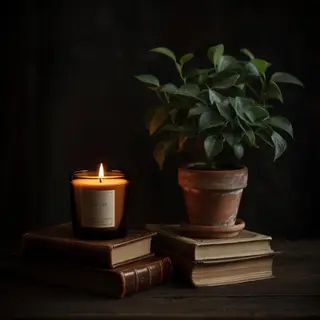 A candle on top of a stack of books, the books next to a pot