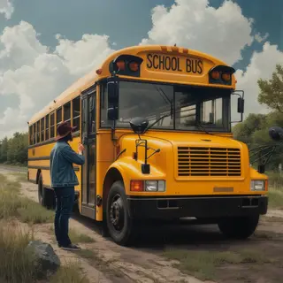 A person standing next to a yellow school bus, showing reali