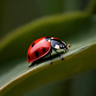 A ladybug sitting on a large green leaf, shown at realistic 
