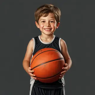 A child holding a basketball, both at correct relative sizes