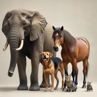 A group photo of an elephant, a horse, a dog, a cat, and a m