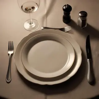 A dinner table scene with a plate, fork, knife, wine glass, 