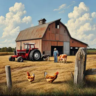 A farm scene with a barn, tractor, farmer, cow, chicken, and