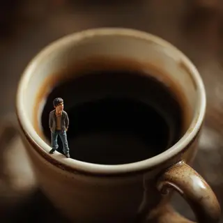 A tiny person standing on the rim of a coffee cup, looking d