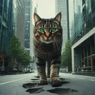 A giant tabby cat walking between city skyscrapers like a ka