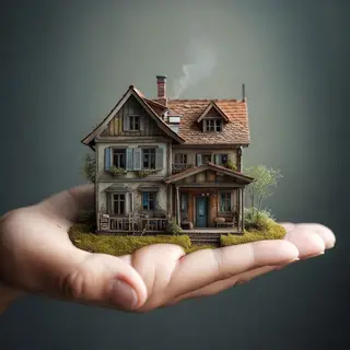 A miniature house sitting on the palm of someone's hand
