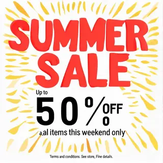 A poster with headline 'SUMMER SALE' in large bold text, bod