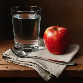 A still life on a wooden table featuring a clear glass of wa