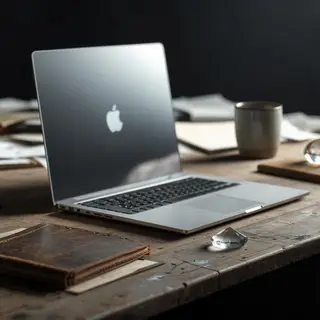 A workspace desk with a brushed aluminum laptop, a leather-b
