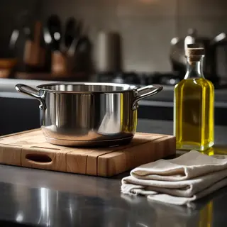 A kitchen counter with a stainless steel pot, a wooden cutti