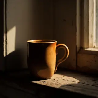 A coffee mug on a sunny windowsill casting a sharp shadow to