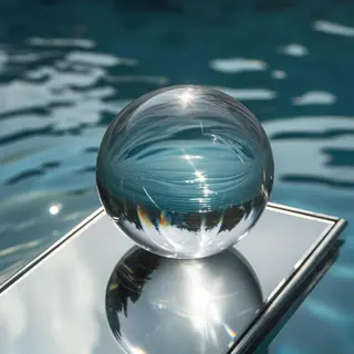 A clear glass sphere sitting on a mirror surface near a pool