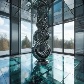 A chrome sculpture in a room with a glass floor and large wi