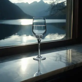 A crystal wine glass on a polished marble counter next to a 