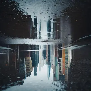 A city skyline reflected in a rain puddle on a street, with 