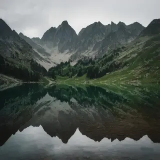 A mountain range reflected in a still alpine lake, with the 