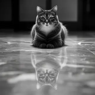 A cat sitting on a polished marble floor with its reflection