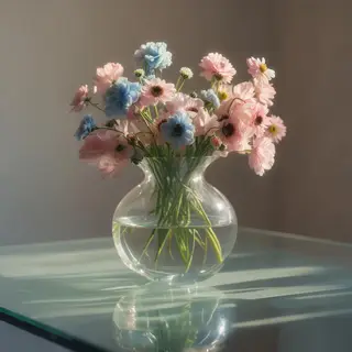 A vase of flowers on a glass table with a clear reflection v