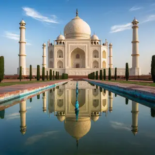 The Taj Mahal in Agra seen from the reflecting pool, with ac
