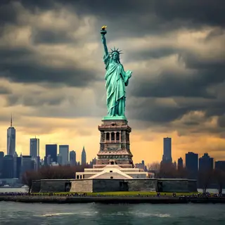 The Statue of Liberty on her island pedestal, with correct t