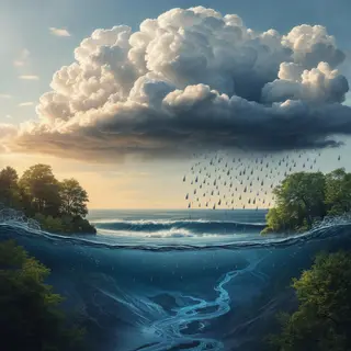 A detailed diagram of the water cycle showing evaporation fr