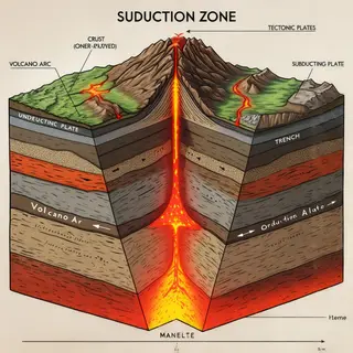 A cross-section showing tectonic plates at a convergent boun