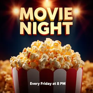 A movie night poster with a large popcorn image in the cente