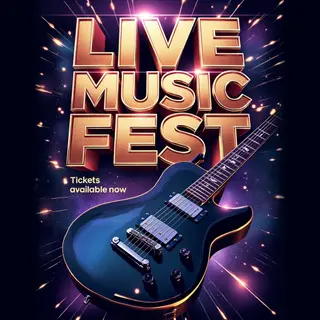 An event poster featuring a guitar illustration, the headlin