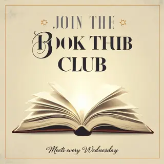 A book club poster with an open book illustration, the title
