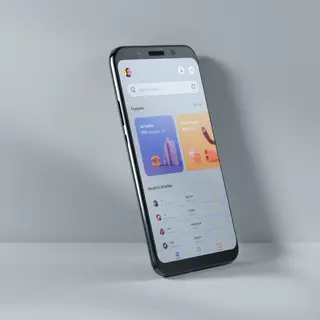 A mobile app UI mockup showing a dashboard with a top naviga
