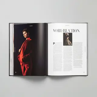 A fashion magazine spread with a full-bleed left-page photo,