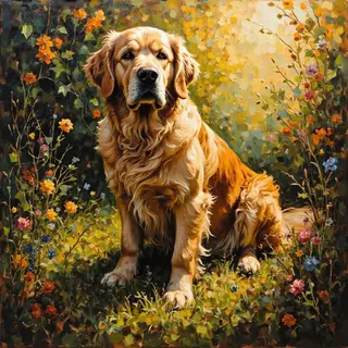 A golden retriever sitting in a garden, painted in the style