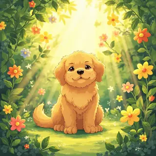 A golden retriever sitting in a garden, rendered in Japanese