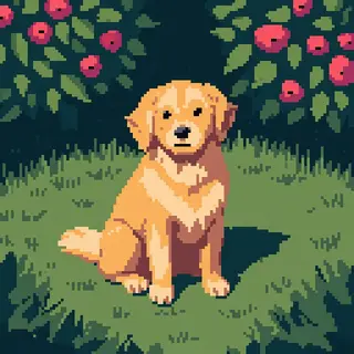 A golden retriever sitting in a garden, rendered in pixel ar