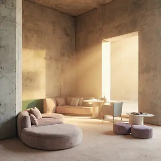 An interior scene rendered in soft brutalism — raw concrete 