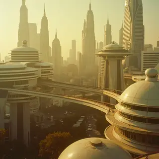 A cityscape rendered in nostalgic futurism — retro-futuristi