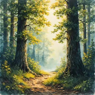 A forest rendered in photorealistic watercolor — the detail 