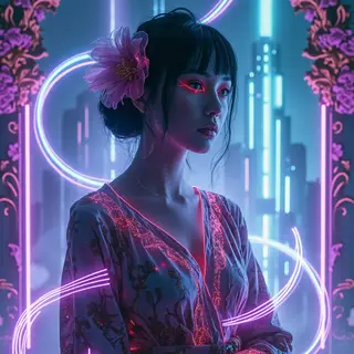 A woman in a futuristic city rendered in cyberpunk Art Nouve