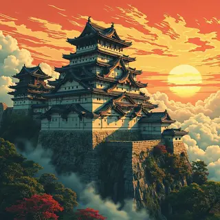 A medieval castle depicted in Japanese ukiyo-e woodblock pri
