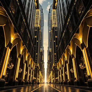A city street scene in the style of Art Deco — geometric sha