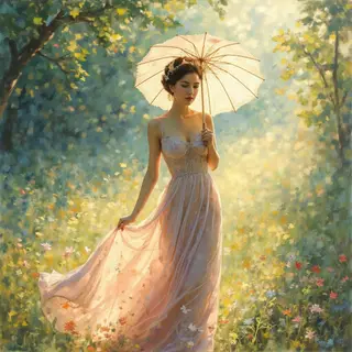 A woman with a parasol in the style of Impressionism — soft 