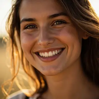 A close-up portrait of a young woman with a warm natural smi